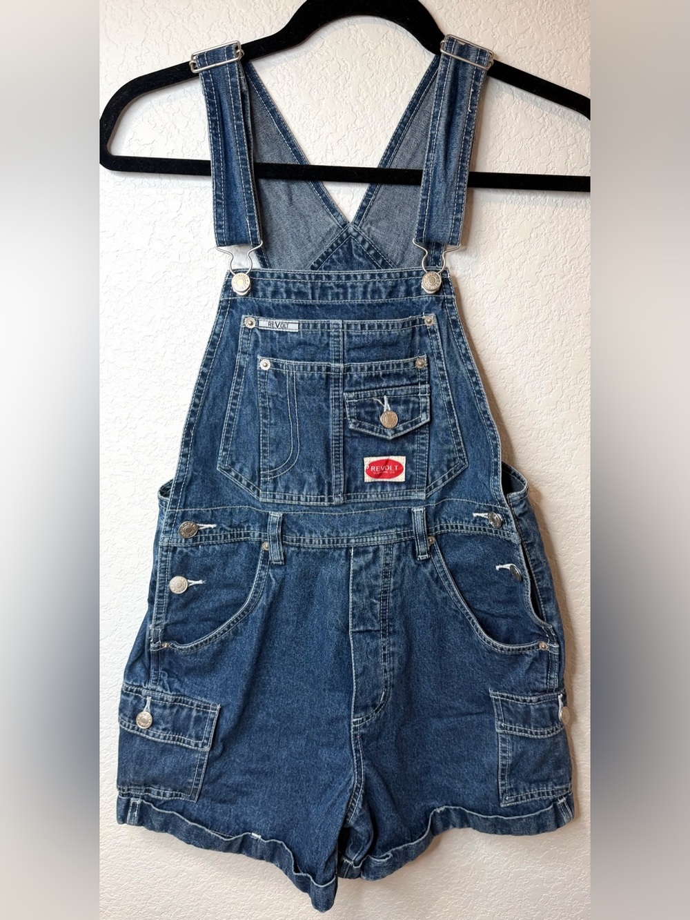 Y2K Revolt Denim Shortalls S 100% Cotton Grunge Utility Cargo ZipDetail Overalls